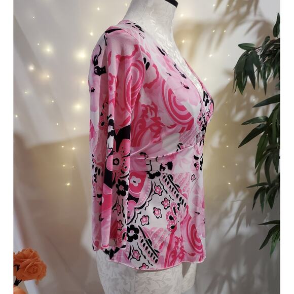 Vtg 90s Y2K La Khaki Floral Asymmetrical Babydoll Top Sz L Pink Fairy Clueless - Picture 4 of 11